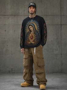 Men's Vintage Virgin Mary Print Crew Neck Sweatshirt, Loose Fit American Style Rose Chain Long Sleeve Top, Autumn/Winter - Multicolor - View 3