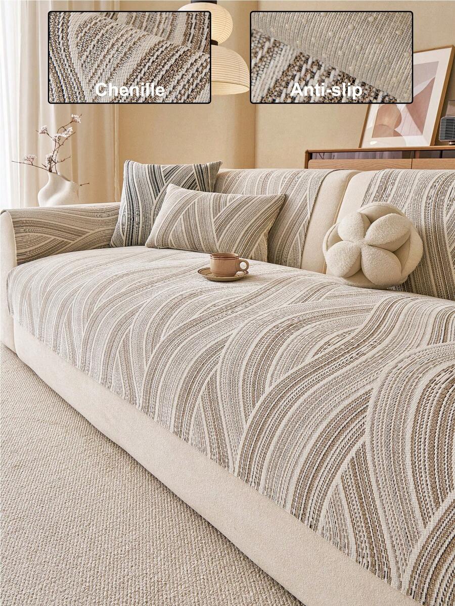 1pc Chenille Decorative Sofa Cover, Pet-Friendly Machine Washable For Vacation Decor, Living Room Bedroom Sofa Slipcover For Old Sofa Renovation, Suitable For 1/2/3/4 Seater Armrest Backrest - Khaki - View 1