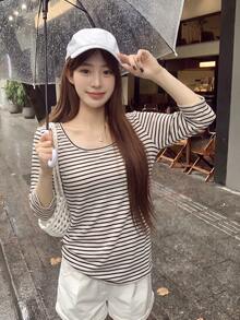 Designed U-Neck Striped Mid-Sleeve Casual Top - Black Apricot - View 5