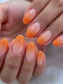 Elevate Your Elegance 24pcs Oval Orange Gradient Tie Dye Autumn/Winter Press-On Nails, Removable Glossy Full Coverage Press-On Nails For Women's Daily Wear And Party Nail Decoration, Includes Jelly Glue And Nail File, Jelly Glue Randomly Sent - Multicolor - View 1