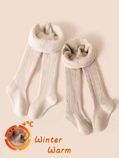 [Autumn/Winter Style]1/2pcs Kids/Girls Thin Fleece Warm Tights, Classic Cable Knit Striped Vintage Beige/Khaki Casual Versatile Cute Base Layer Socks, Simple Fashion Delicate Soft Comfortable Skin-Friendly Breathable Thermal Lined Dance Socks, Suitable For Autumn/Winter Daily Wear/School Wear/Outdoor Skiing/Home Rest/Travel, Multiple Combinations Available