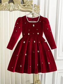 Girls' New Spring/Autumn Long Sleeve Fashion Casual Dress For Christmas - Burgundy - View 1