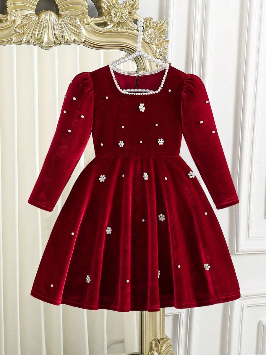 Girls' New Spring/Autumn Long Sleeve Fashion Casual Dress For Christmas - Burgundy - View 1