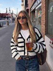 Women's Striped Chunky Knit Cardigan, V-Neck Button-Up Loose Fit Oversized Sweater, Casual French Style Autumn Outerwear - Black and White - View 3