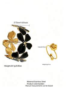 2PCS Minimalist Fashion Vintage Elegant Gentle Style Oil Drip Enamel Four-Petal Design Bracelet & Ring Set Stainless Steel Women's Jewelry Suitable For Daily Wear/Garden Party/Evening Event/Commute/Date/Valentine's Day Gift For Loved Ones - Yellow Gold - View 13
