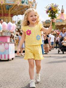 Girls 2pcs Summer Cute Floral Button-Front Top + Ruffle Shorts Set, Cute Floral Pattern Outfit, Suitable For Daily Casual And Outdoor Activities - Yellow - View 10