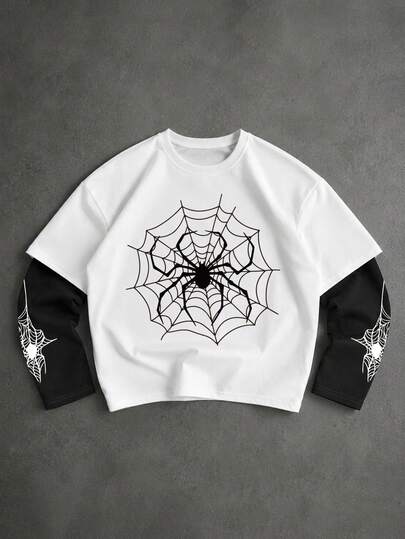 Herren Gothic Spinnennetz Muster T-Shirt, künstlich geschichtet Langarm, lockerer Rundhals Y2K Top, geeignet für Männer und Frauen Campus, Straße und Herbst Freizeitkleidung