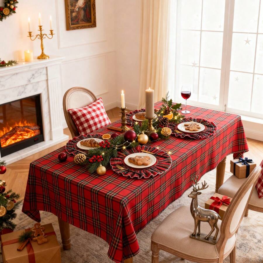1pc Red & Green Plaid Art INS Style Christmas Atmosphere Decorative Tablecloth, Suitable For Holidays, Christmas And Home Decor - Red - View 1