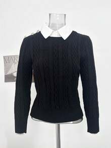 Korean Style Sweet 2 In 1 Shirt Collar Sweater Women Autumn/Winter Lazy Academy Style Cable Knit Regular Shoulder Knit Top - Black - View 6