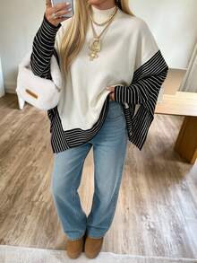 Sweater Rajut Wanita SEREN Baru Kerah Semi Tinggi Motif Patchwork Bergaris, Atasan Lengan Panjang Desain Longgar, Cocok untuk Pemakaian Harian dan Musim Gugur - Hitam dan Putih - View 4