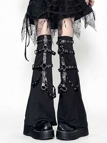 polve 1 Pair Black Punk Over-The-Knee Leg Warmers, Y2K Baddie Street Goth Style With Multiple Chains & Buckle Decor, Bell-Bottom Leg Warmers - Black Leather Buckle - View 7