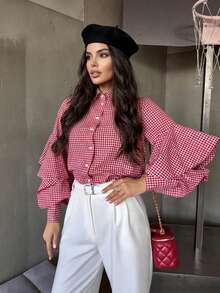 Women's Plus Size Personalized Fashion Plaid Ruffle Long Sleeve Blouse, Elegant Plus Size Long Sleeve Plaid Shirt, Ideal Choice For All Seasons Dating And Commuting, Autumn Essential, Suitable For Work Commute, Daily Dating And Street Wear - Red and White - View 3