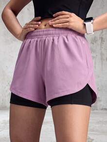 1pc Women's Shorts Solid Color Lining 2 In 1 Sports Pants, Elastic Two Pieces, Suitable For Running, Sports, Yoga, Fitness In Summer - Purple - View 5