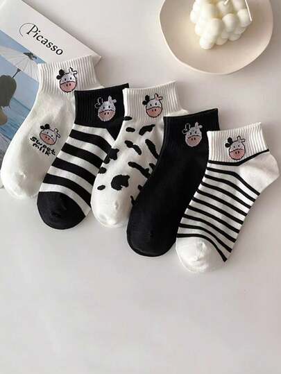 5 Pairs Women's Cow Print Short Socks, Various Styles, Comfortable And Breathable, Cute Cartoon, Casual And Minimalist, Versatile For Daily Wear, Suitable For All Seasons