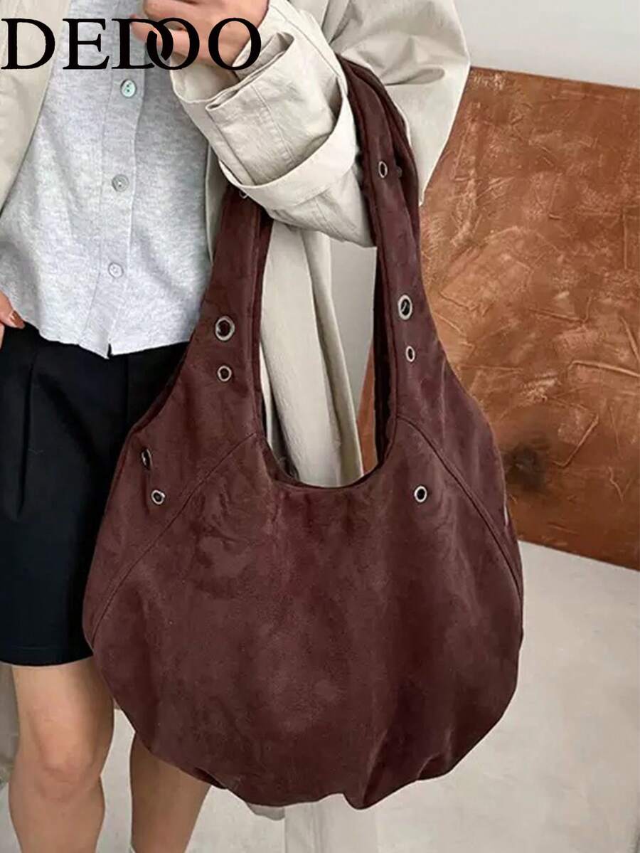 Dedoo Coffee Suede Hobo Shoulder Bag, Metal Eyelet Rivets Large‑Capacity Retro Casual Bag For Ladies Autumn Winter Commute Travel