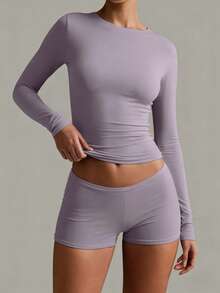 XLLAIS Autumn/Winter & Spring Elastic Fitted Casual Nightclub Long Sleeve Bright Red T-Shirt For Women - Dusty Purple - View 2