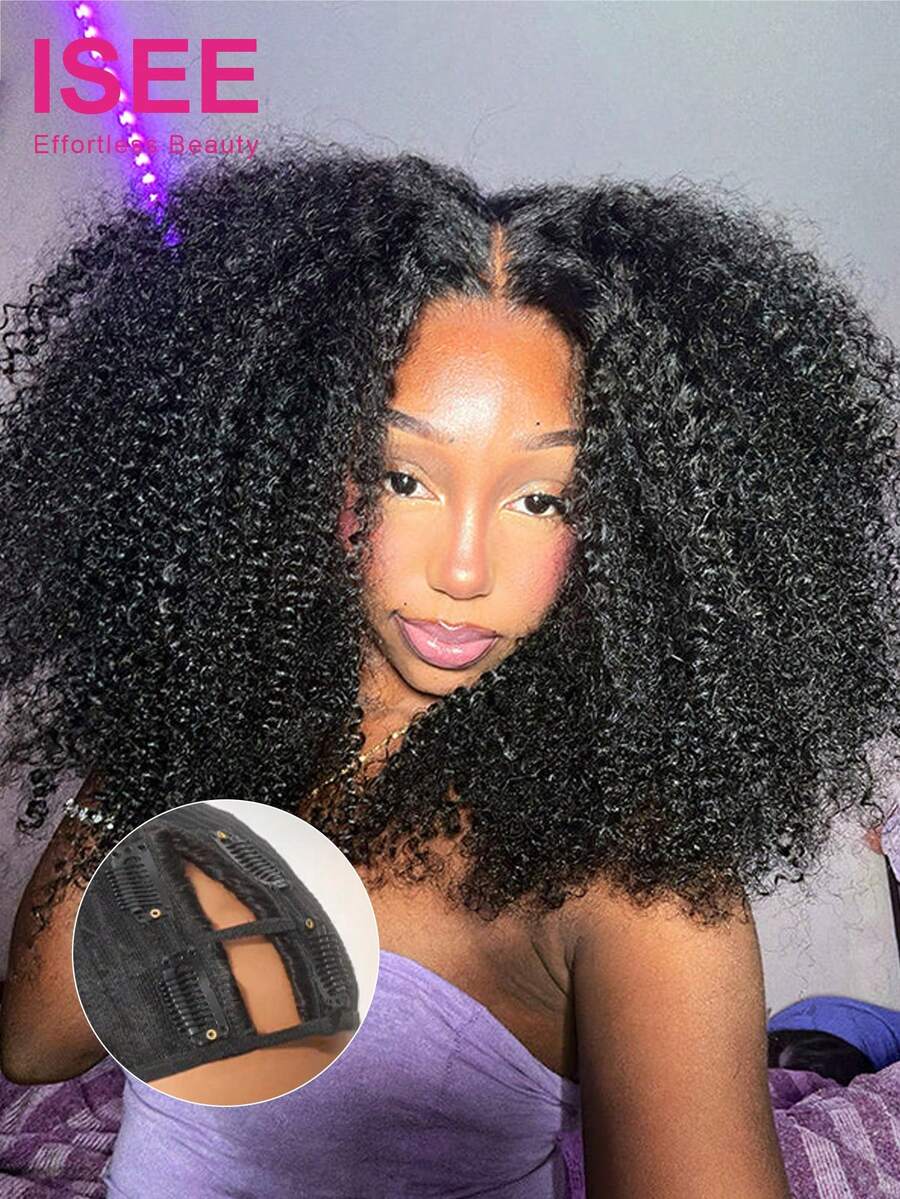 ISEE Wig Jahit Bentuk V Rambut Manusia Afro Keriting Wig Bentuk V Alami Kepadatan 180% Wig Tanpa Lem 14-16 Inci Bob 18-30 Inci Panjang Normal Rambut Mentah Belum Diproses - S1 - View 1