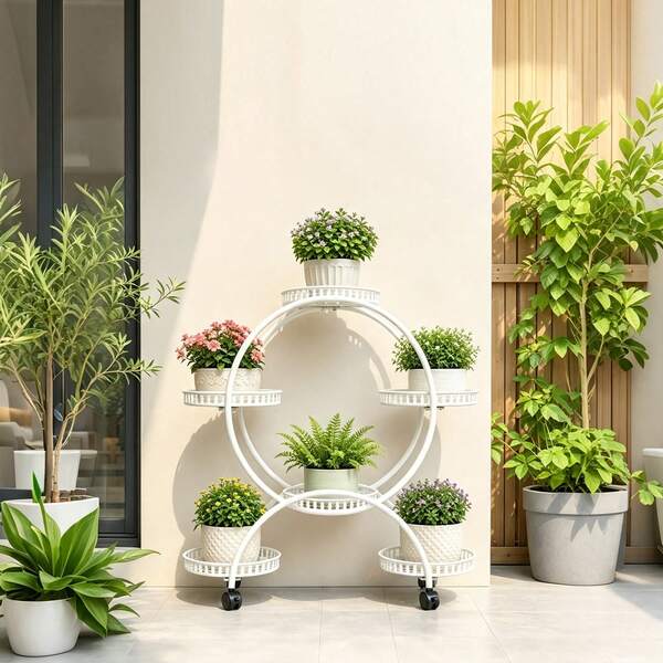 Virellio Soporte móvil de hierro para plantas con estructura en forma de anillo, mesa rodante para flores con 4 ruedas giratorias con freno, estante para plantas de varios niveles con balcones escalonados y transpirables, color blanco, para la decoración de balcones, jardines y salas de estar.
