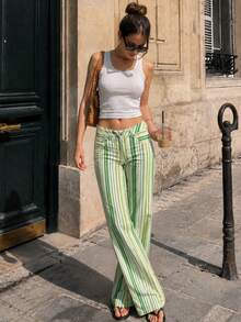 Striped Pants Jeans For Women Low Rise Straight Leg Jeans Colorful Low Waisted Denim Trousers Rainbow Cowboy Fall Street Bottoms - Green - View 3