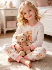 Girls 2 Pieces Bear Print Long Sleeve Pajama Set,Soft Pink Bow Polka Dot Crew Neck Top+Elastic Pants,Breathable Cute Loungewear Wear For Little Girls - White - View 5