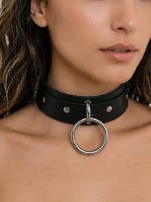 1pc Women's Black Leather Rivet O-Ring Choker Necklace With Silver Buckle, Suitable For Daily Wear - Black - View 2