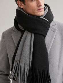 1Pc Men Black Grey Reversible Soft Knitted Warm Tassel Scarf Classic Business Winter Neck Scarf For Office Outdoor Daily - Multicolor - View 1