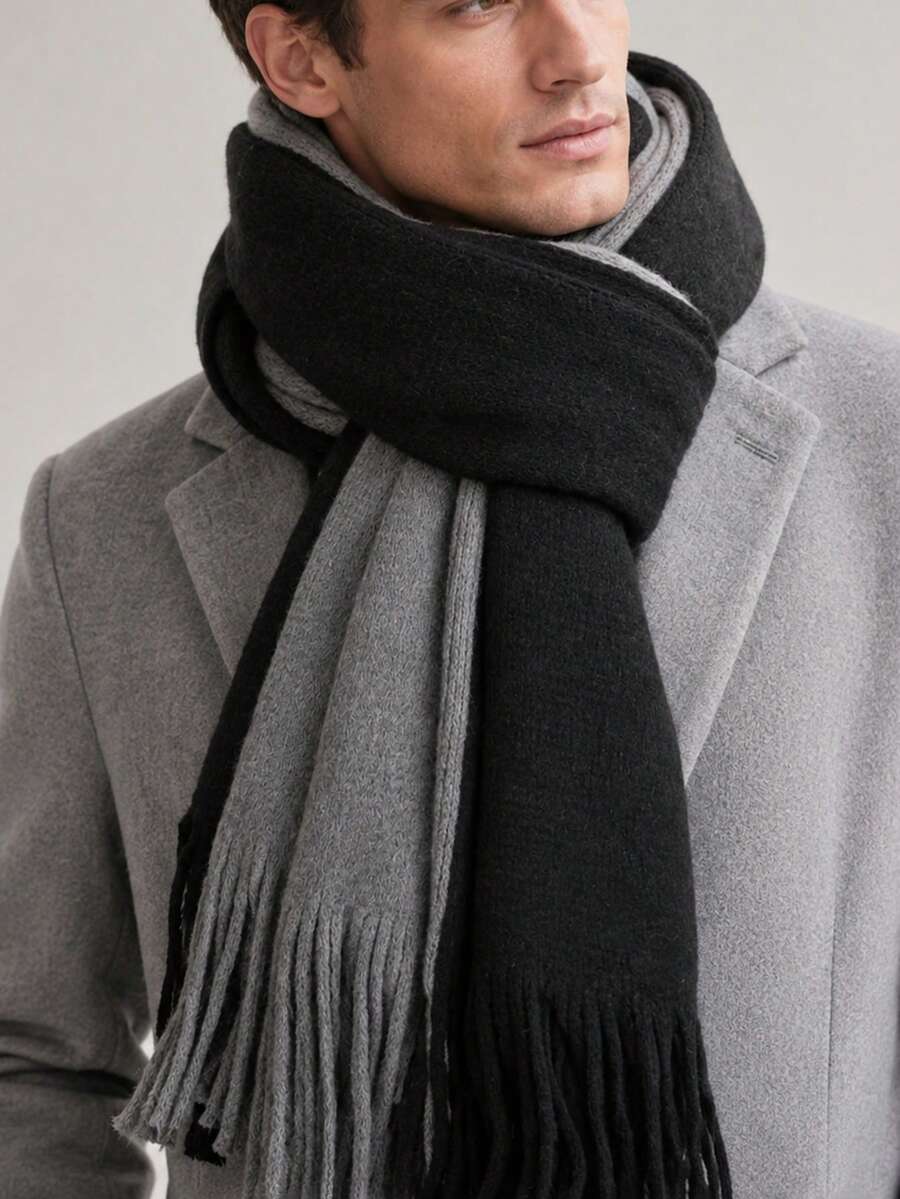 1Pc Men Black Grey Reversible Soft Knitted Warm Tassel Scarf Classic Business Winter Neck Scarf For Office Outdoor Daily - Multicolor - View 1
