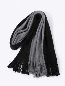 1Pc Men Black Grey Reversible Soft Knitted Warm Tassel Scarf Classic Business Winter Neck Scarf For Office Outdoor Daily - Multicolor - View 9