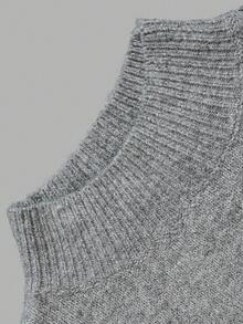 Sweater Rajut Wanita Warna Abu-abu Musim Gugur, Kerah Tinggi, Detail Kancing di Depan, Hem Bergaris, Atasan Kasual Lengan Panjang untuk Beraktivitas di Luar Ruangan - Grey - View 4
