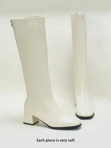 Girls' Knee High Boots Square Toe Chunky Heel, Soft Faux Leather Side Zipper, Autumn Winter 2026 - White - View 3