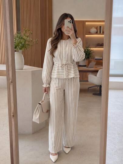 Women's 2 Pieces Set Striped Loose Cardigan Top + Wide Leg Pants, Woven Elegant Commuter Outfit, Autumn Beach Style Set