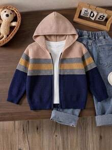 Boys Toddler College Style Colorblock Striped Hooded Knit Cardigan Sweater Jacket Long Sleeve Suitable For School Daily Wear Spring Autumn Winter - Apricot - View 2