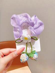 1pc Flower Strawberry Pendant Hair Scrunchie, Semi-Transparent Satin Flower Decor Hair Tie, Sweet Decorative Women's Hair Accessory - Multicolor - View 5
