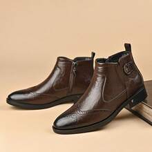 Sepatu Bot Chelsea Kulit Asli Mewah Pria Musim Gugur/Dingin, Setinggi Mata Kaki, Model Slip-On Premium, Tali Gesper, Ujung Sepatu Berukir, Cokelat, Gaya Dasar - Coklat - View 7