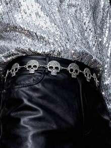 1pc Vintage Engraved Skull Chain Waist Belt Gothic Punk Halloween Costume Accessory For Women - Silver - View 3