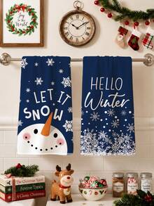MEMNUN 2 Pcs Deep Blue Snowflake Winter Cartoon Snowman Printed Pattern Kitchen Towels Dish Cloths, Ultra-Fine Microfiber Polyester Material, Let It Snow Hello Winter Winter English Slogan Holiday Decorative Hand Towels Christmas Home Fabric Hanging Towels, Home Decor, Kitchen Decor, Christmas Decor, Suitable For Restaurant Kitchen, Holiday Decoration And Gift Giving, 40*60cm/45*70cm - Multicolor - View 9