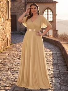 EVERPRETTY Gold & Champagne V-Neck Long Summer Dress, Elegant Bridesmaid/Mother Of The Bride Formal Gown Wedding Spring Party Fall - Gold - View 7