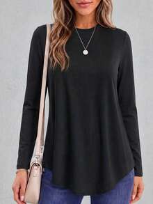 3pcs Kaos Rajut Lengan Panjang Leher Bulat Wanita, Potongan Reguler, Bahan Elastis Sedang, Pakaian Sehari-hari Penting untuk Musim Gugur - Hitam, putih dan abu-abu - View 5