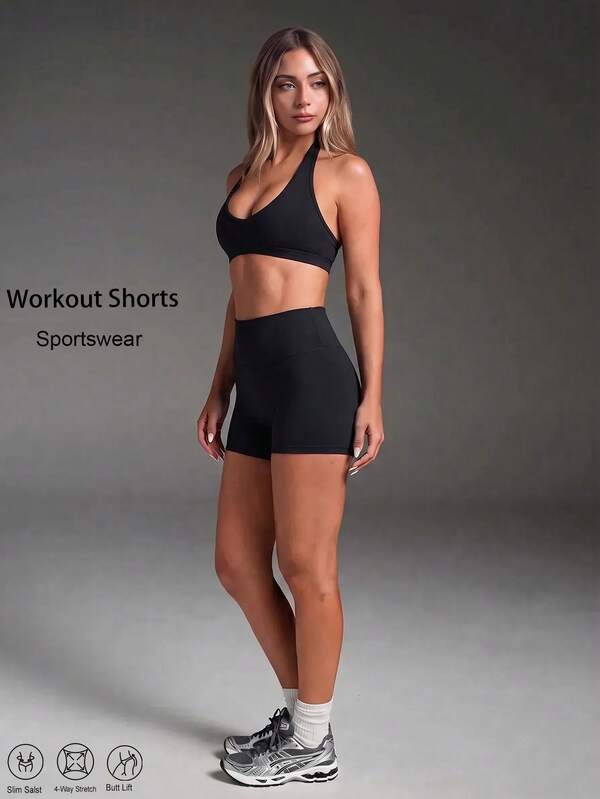 Women's Casual Sport Shorts,High Waist Basic Activewear Solid Color Black Skinny Legging Biker Shorts,For Yoga,Training,Daily Wear,Running,Outdoor