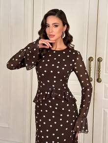 Women's Elegant Long Ruffle Hem Polka Dot Dress - Brown - View 2