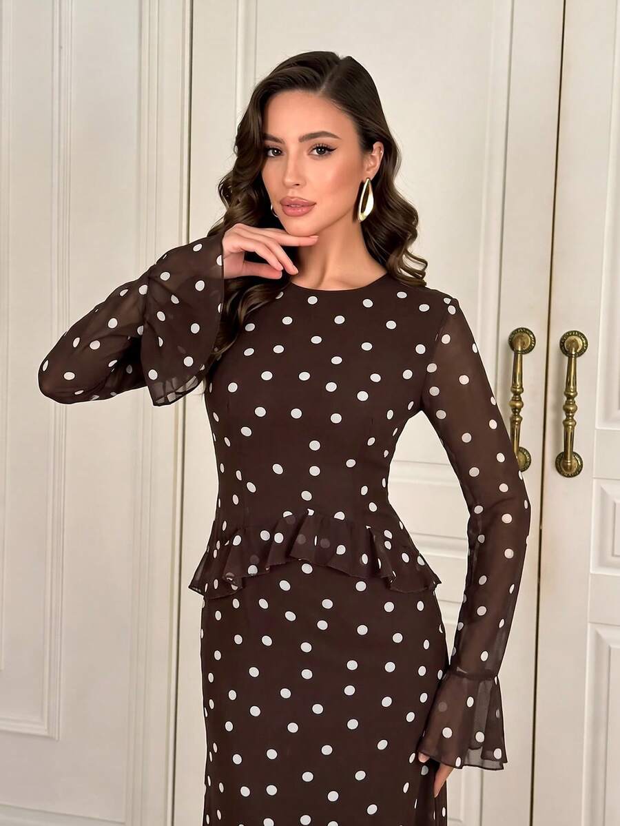 Women's Elegant Long Ruffle Hem Polka Dot Dress