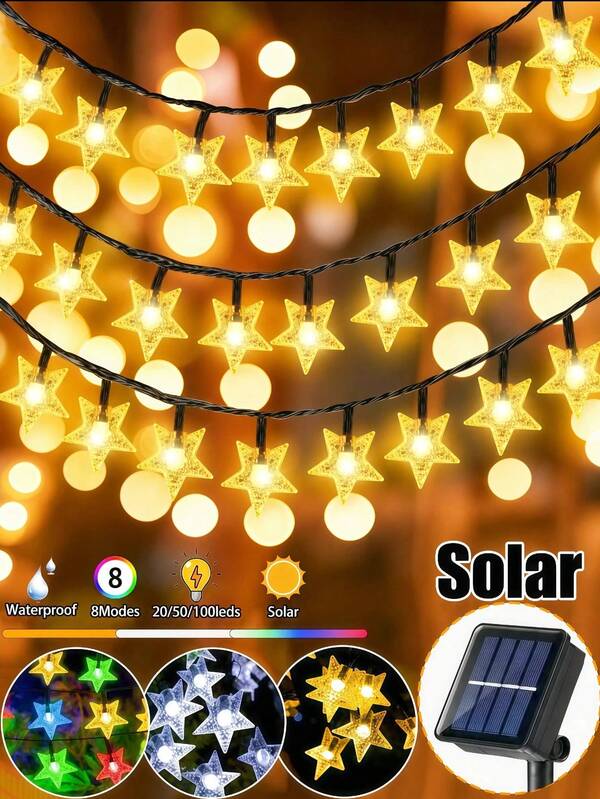 1 pieza Luz de cadena solar con estrellas, 20/50/100 LED, 8 modos de iluminación, impermeable/luz navideña de interior, 5M/7M/12M luz de hadas, árboles de Navidad, casas, bodas, fiestas, céspedes, balcones, hogares, otoño, pasillos, jardines, patios, fiestas, camping, decoración navideña