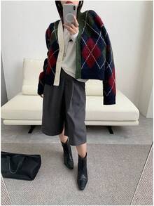 Elegant Argyle Pattern Turndown Collar Faux Placket Long Sleeve Knit Sweater, Suitable For Commuting And Everyday Wear, Autumn/Winter - Navy Blue - View 2