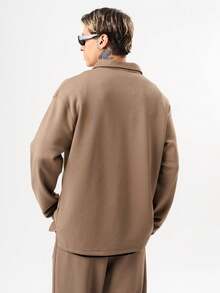 Men's Relaxed Fit Solid Color Half Zip Sweatshirt With Logo Detail - Camel - View 4