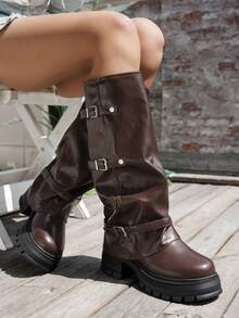 Women's Thick Sole Tall Boots, New Autumn/Winter Riding Boots With Buckle Design, Fashion High-Shaft Boots - Brown - View 2