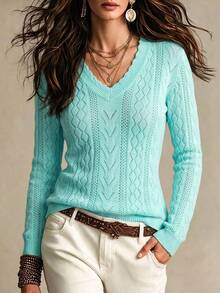 Suéter de punto acanalado con cuello en V y volantes de unicolor para mujer, top de punto de manga larga tipo pulóver, blusa casual con textura hueca, adecuada para uso diario en otoño - Azul Cadete - Ver 11