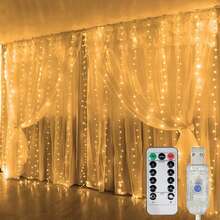 1pc Warm White LED Curtain Lights, 8 Modes, USB Powered, With Remote Control, Fairy String Lights, Perfect For Wedding, Christmas And Holiday Home Decor, Autumn Decoration - Yellow - View 12