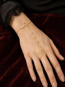 outingfit 1pc Minimalist Single-Strand Rhinestone Finger-Link Bracelet For Women, Luxury European & American Style Rhinestone Back-Of-Hand Chain, Bridal Wedding Hand Jewelry - Gold - View 5