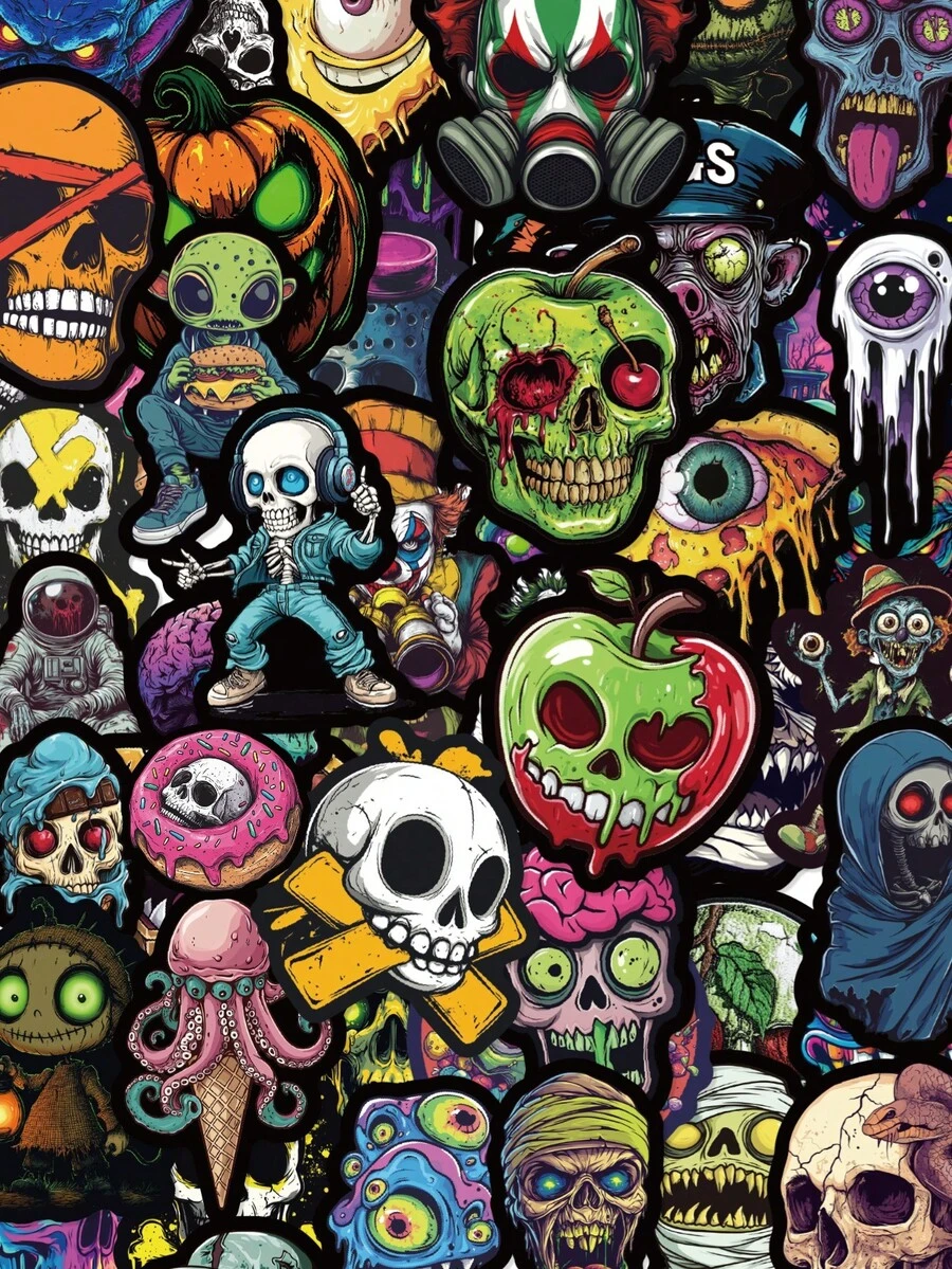 50Pcs PP Cool Colorful Skull Stickers, Graffiti‑Style Funny Patterns Of Skulls, Zombies And Halloween Monsters, Suitable For Journals, Water Bottles, Notebooks, Storage Boxes, Skateboards, Helmets, Luggage, Laptops - Multicolor - View 1