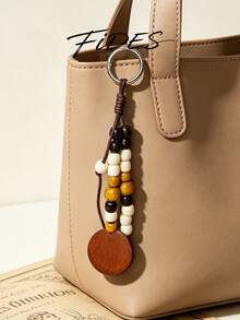 1PC Woven Rope Wooden Bead Pendant With Round Wooden Disc Charm, Personalized Artistic Textured Hanging Ornament, Daily Bag Decoration Accessory, Beaded Craft Decorative Pendant - Multicolor - View 8